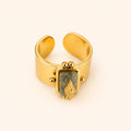 Celeste Artisan adjustable statement 14K gold plated ring with geometric stone design on a light beige background
