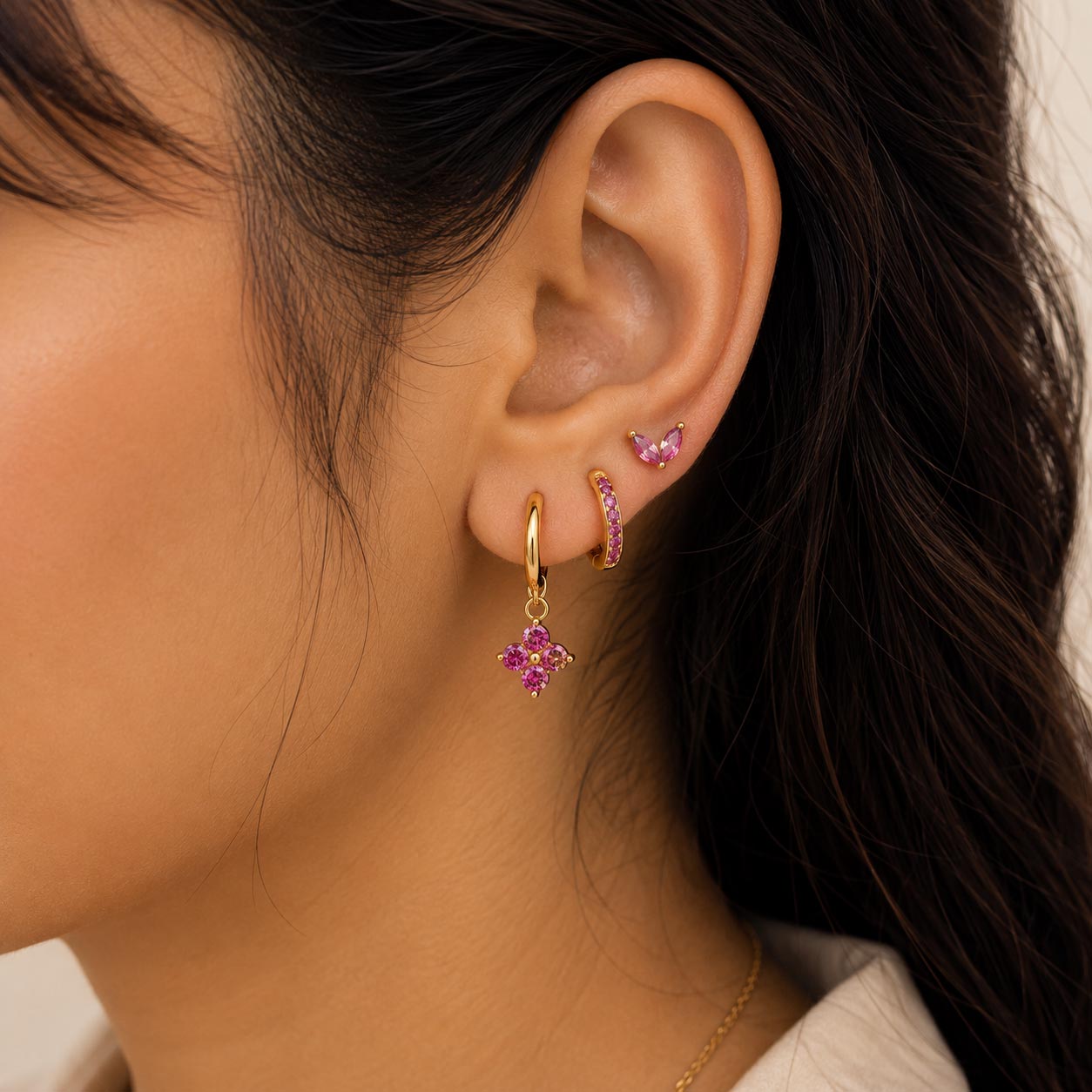 Pink Clover Charm Earring Set